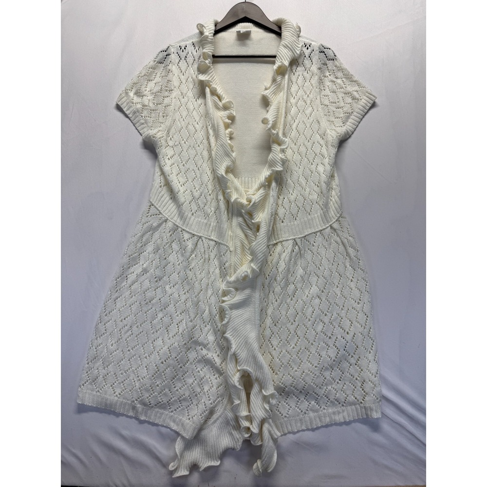 Sioni Studio Cardigan Sweater Womens XL Cream Pointelle Ruffle Trim Open Front
